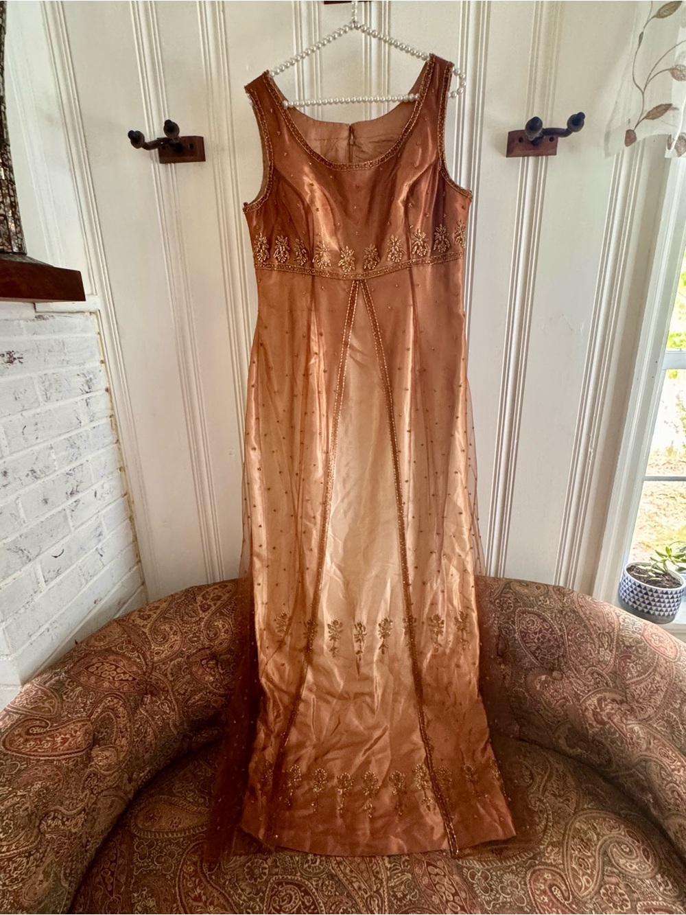 Elegant Copper Satin Embellished Sleeveless Dress